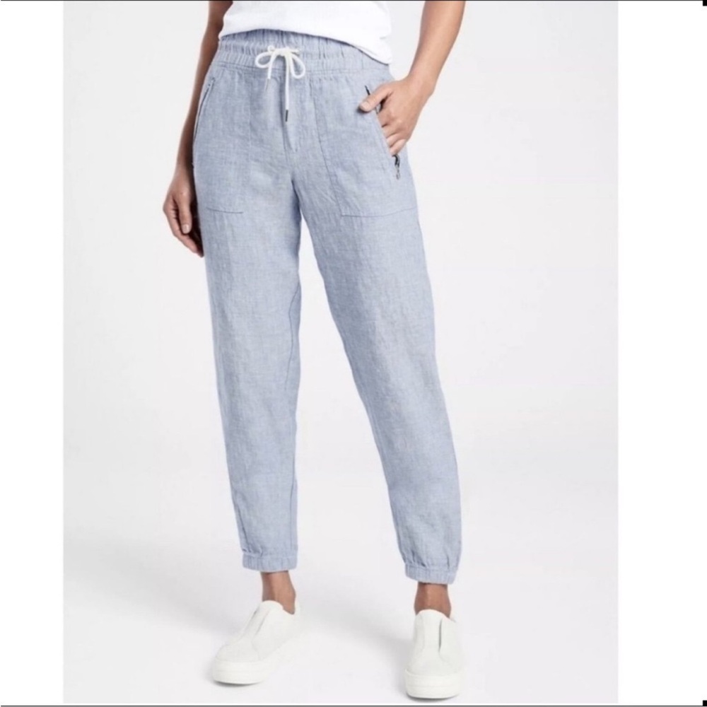 NEW Athleta Cabo Linen Jogger Chambray Blue Size 10 Pants Drawstring